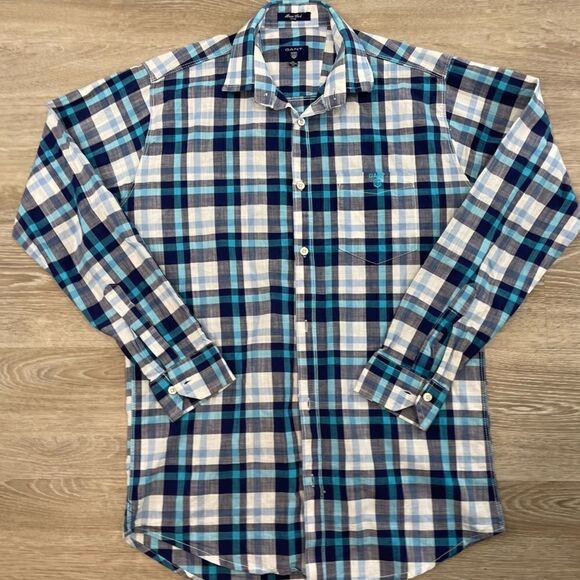 GANT Manor Cord Fitted Blue Plaid Cotton Lightweight Summer Casual Shirt XL - Picture 1 of 6